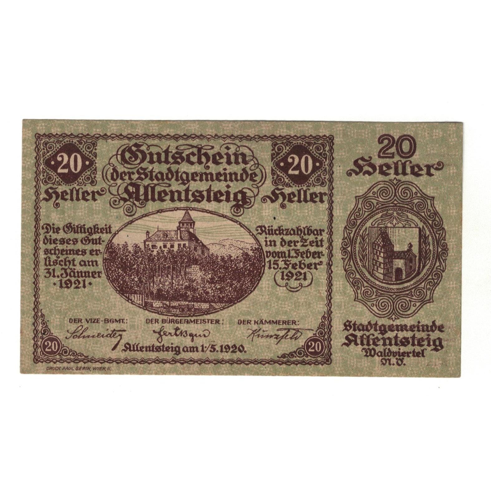 Geldschein, Österreich, Allentsteig N.Ö. Stadtgemeinde, 20 Heller, texte 1