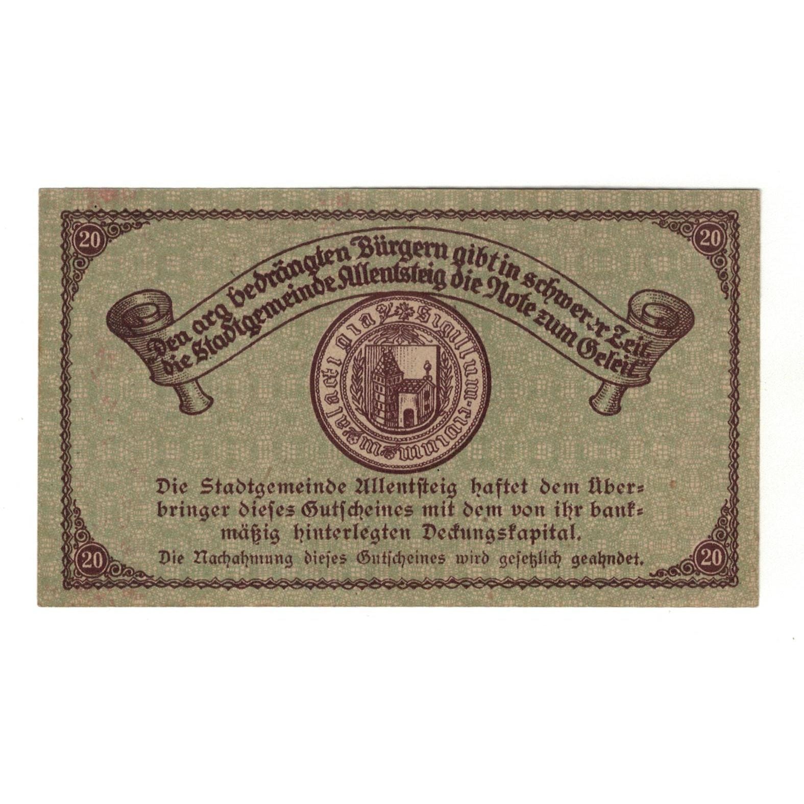Geldschein, Österreich, Allentsteig N.Ö. Stadtgemeinde, 20 Heller, texte 1
