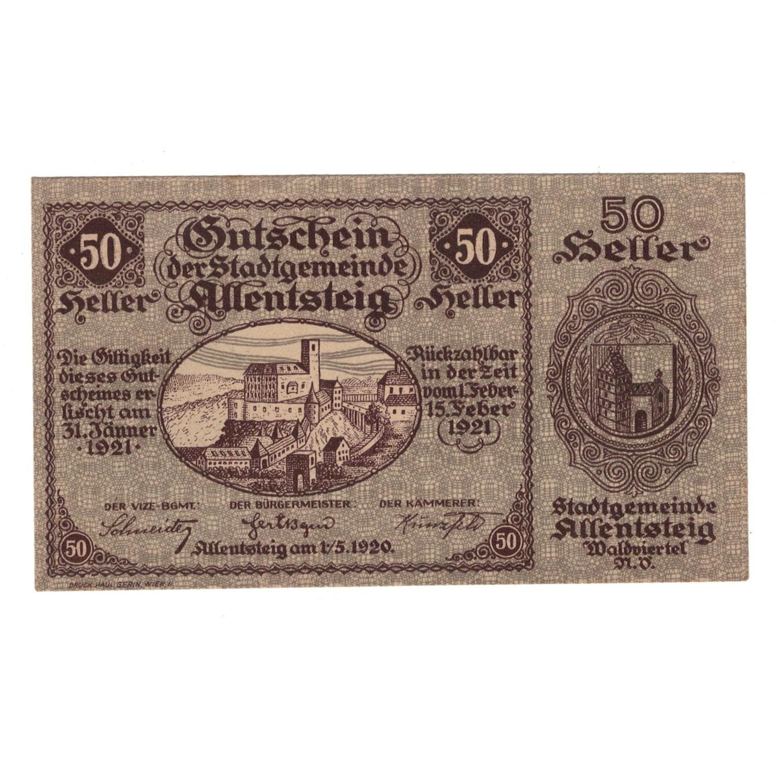 Geldschein, Österreich, Allentsteig N.Ö. Stadtgemeinde, 50 Heller, Texte