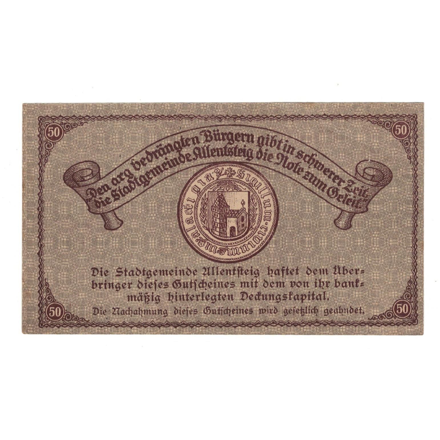 Geldschein, Österreich, Allentsteig N.Ö. Stadtgemeinde, 50 Heller, Texte
