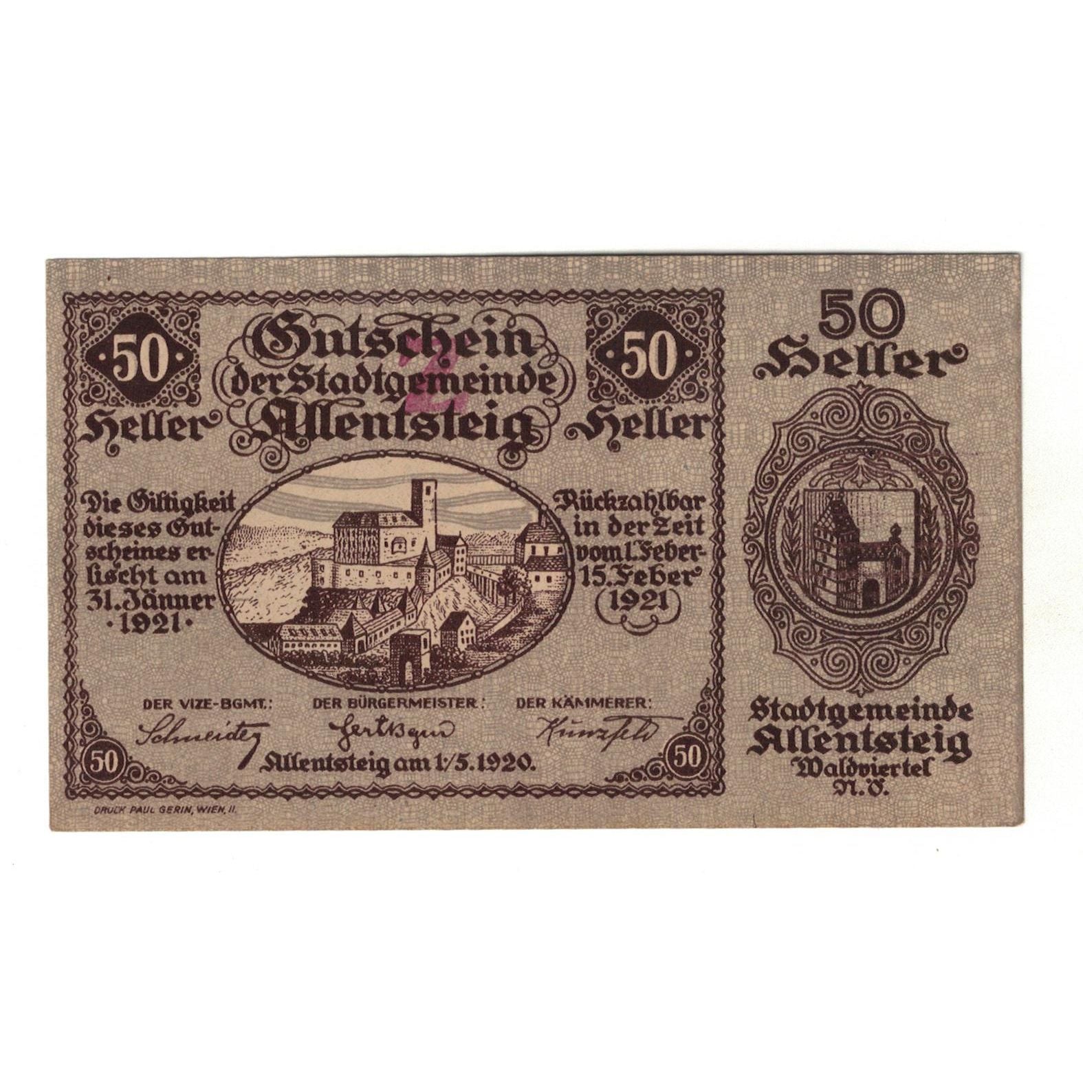 Geldschein, Österreich, Allentsteig N.Ö. Stadtgemeinde, 50 Heller, texte 1