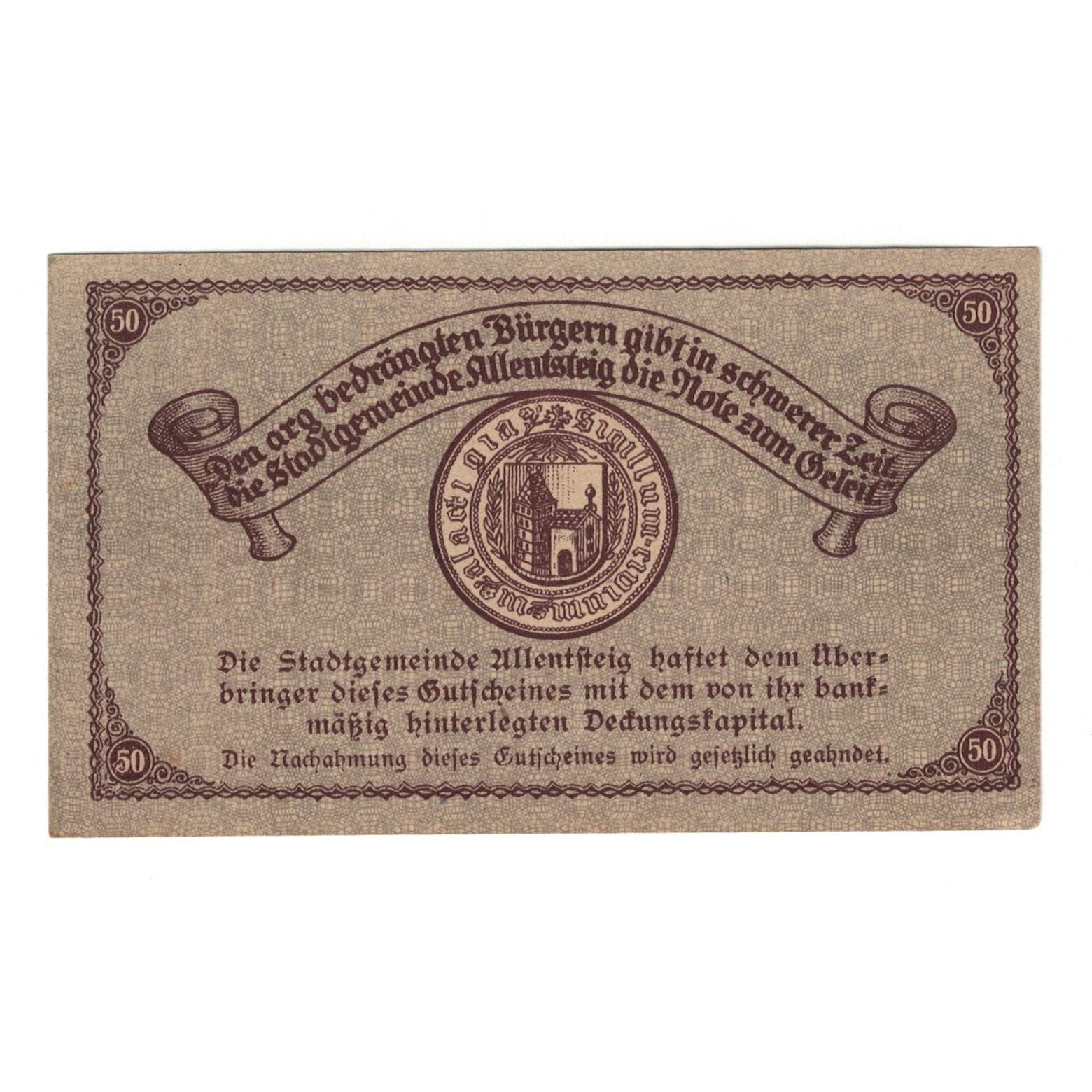 Geldschein, Österreich, Allentsteig N.Ö. Stadtgemeinde, 50 Heller, texte 1