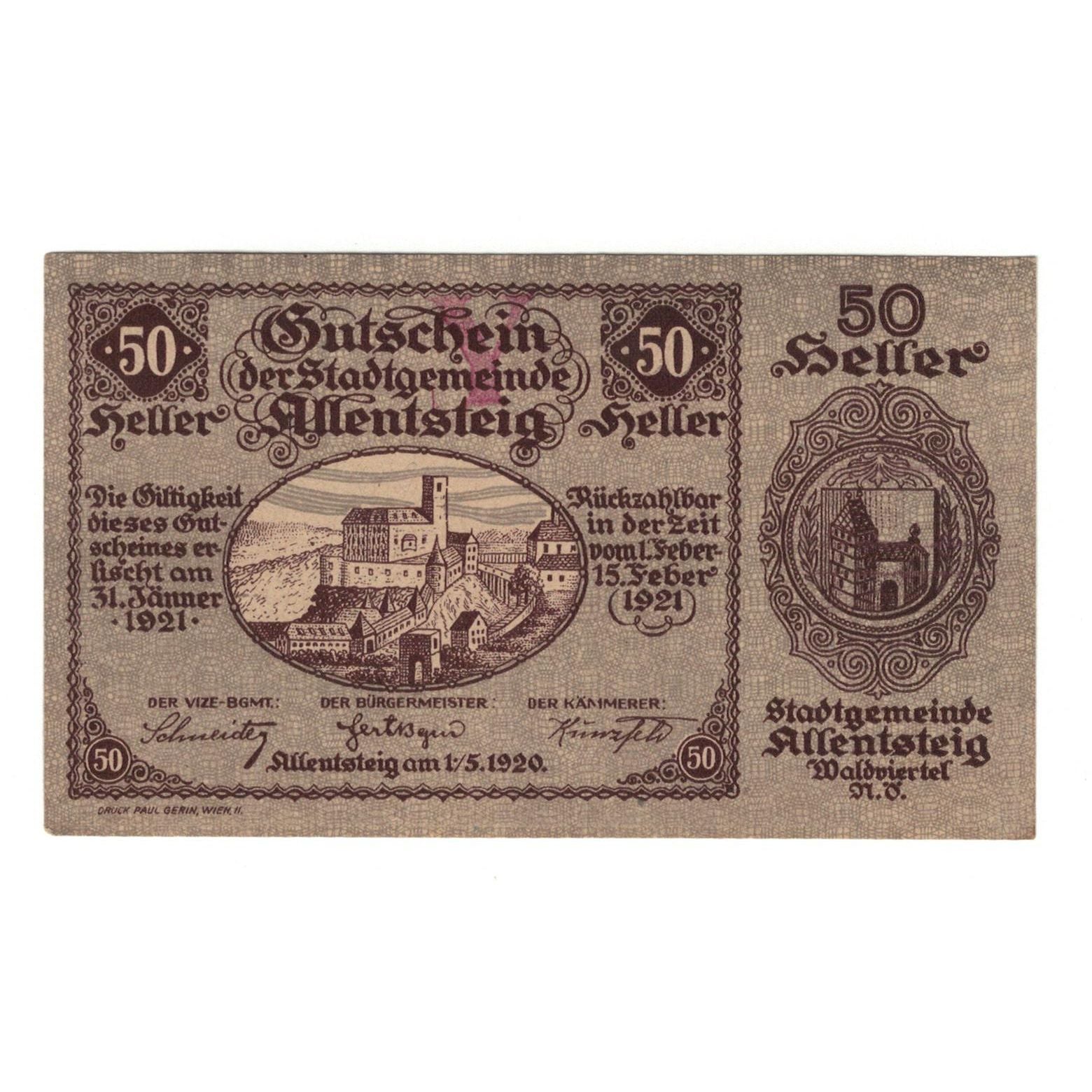 Geldschein, Österreich, Allentsteig N.Ö. Stadtgemeinde, 50 Heller, Texte 2