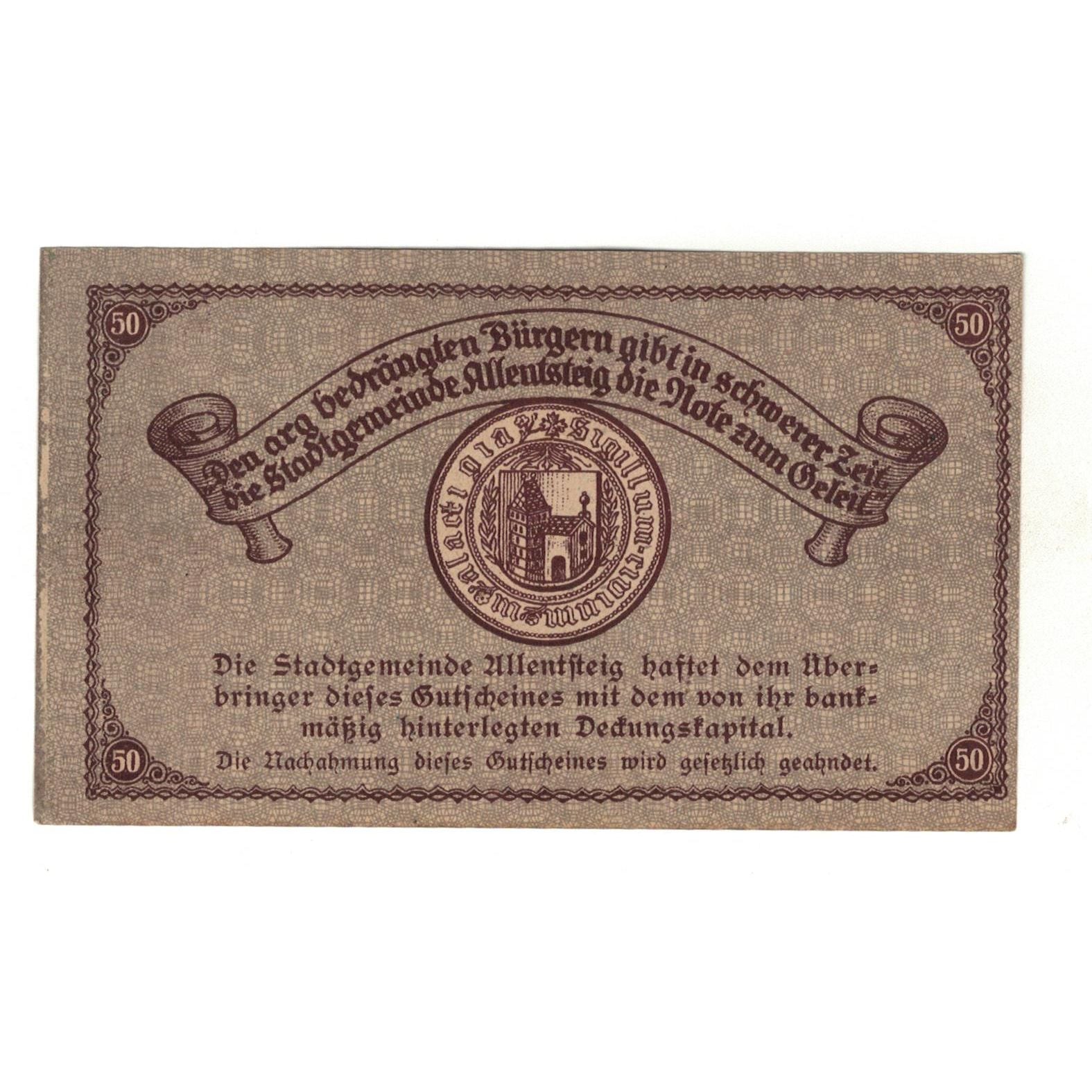 Geldschein, Österreich, Allentsteig N.Ö. Stadtgemeinde, 50 Heller, Texte 2