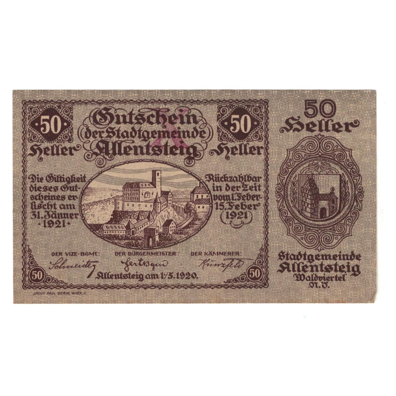 Geldschein, Österreich, Allentsteig N.Ö. Stadtgemeinde, 50 Heller, Texte 3