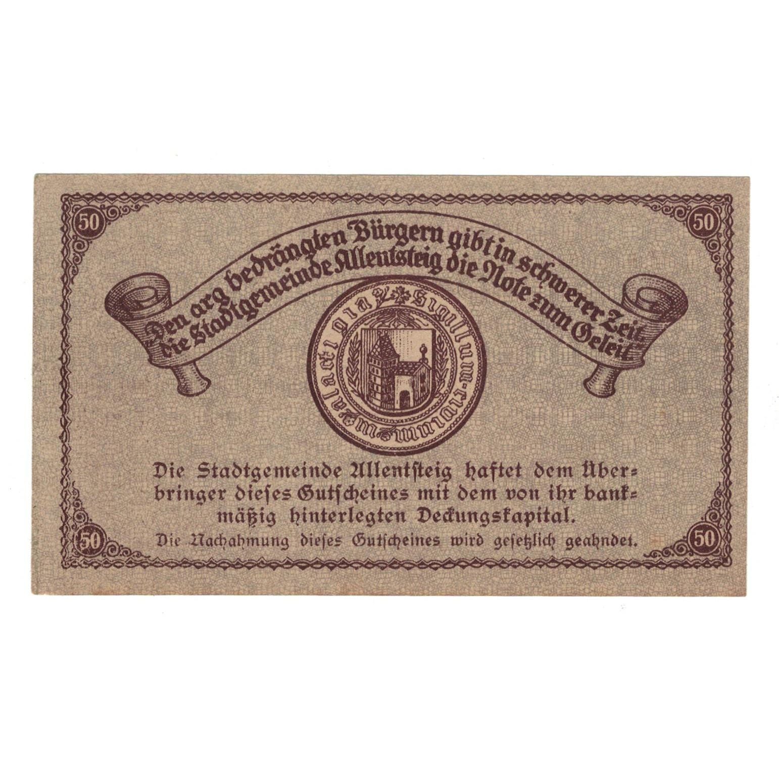 Geldschein, Österreich, Allentsteig N.Ö. Stadtgemeinde, 50 Heller, Texte 3