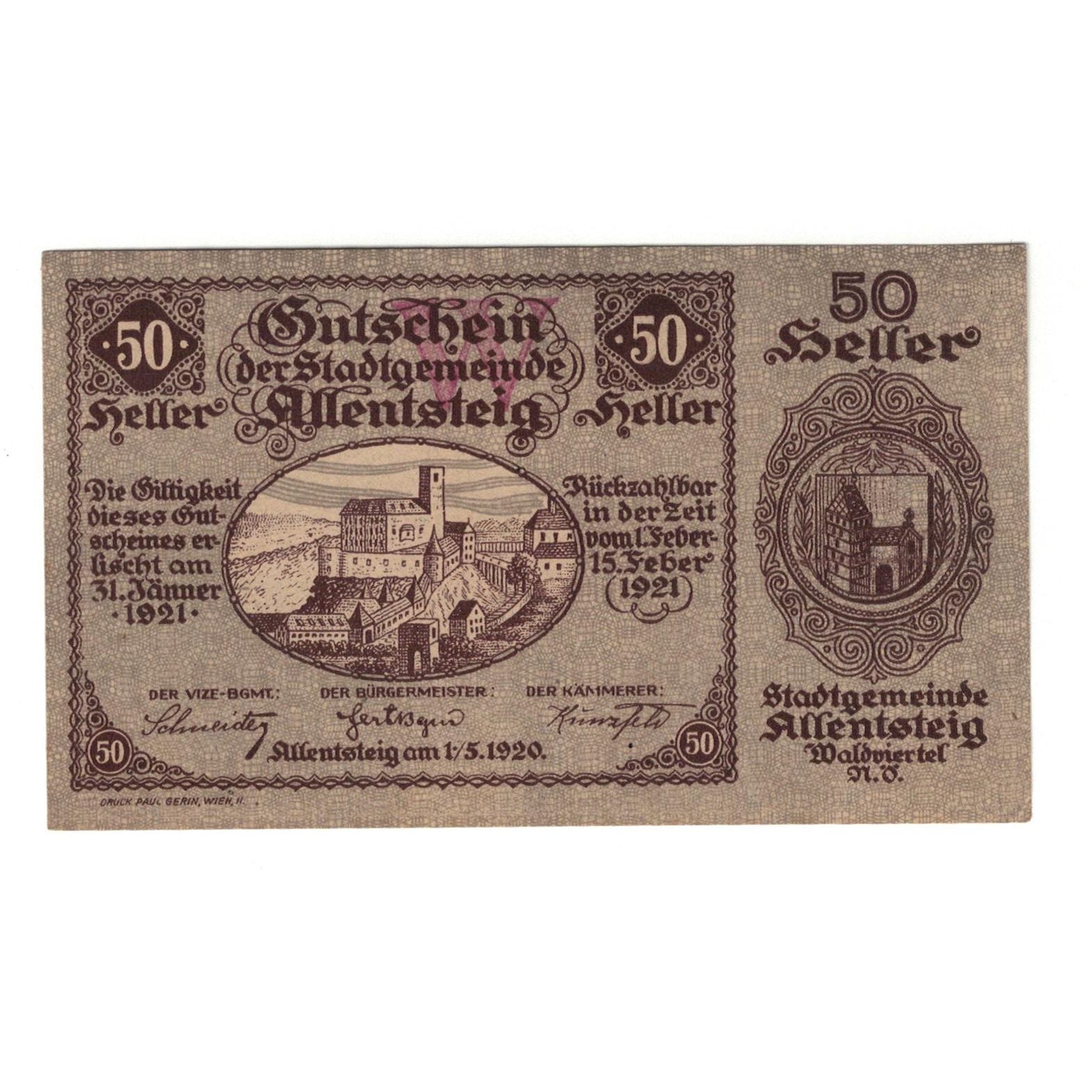 Geldschein, Österreich, Allentsteig N.Ö. Stadtgemeinde, 50 Heller, Texte 4