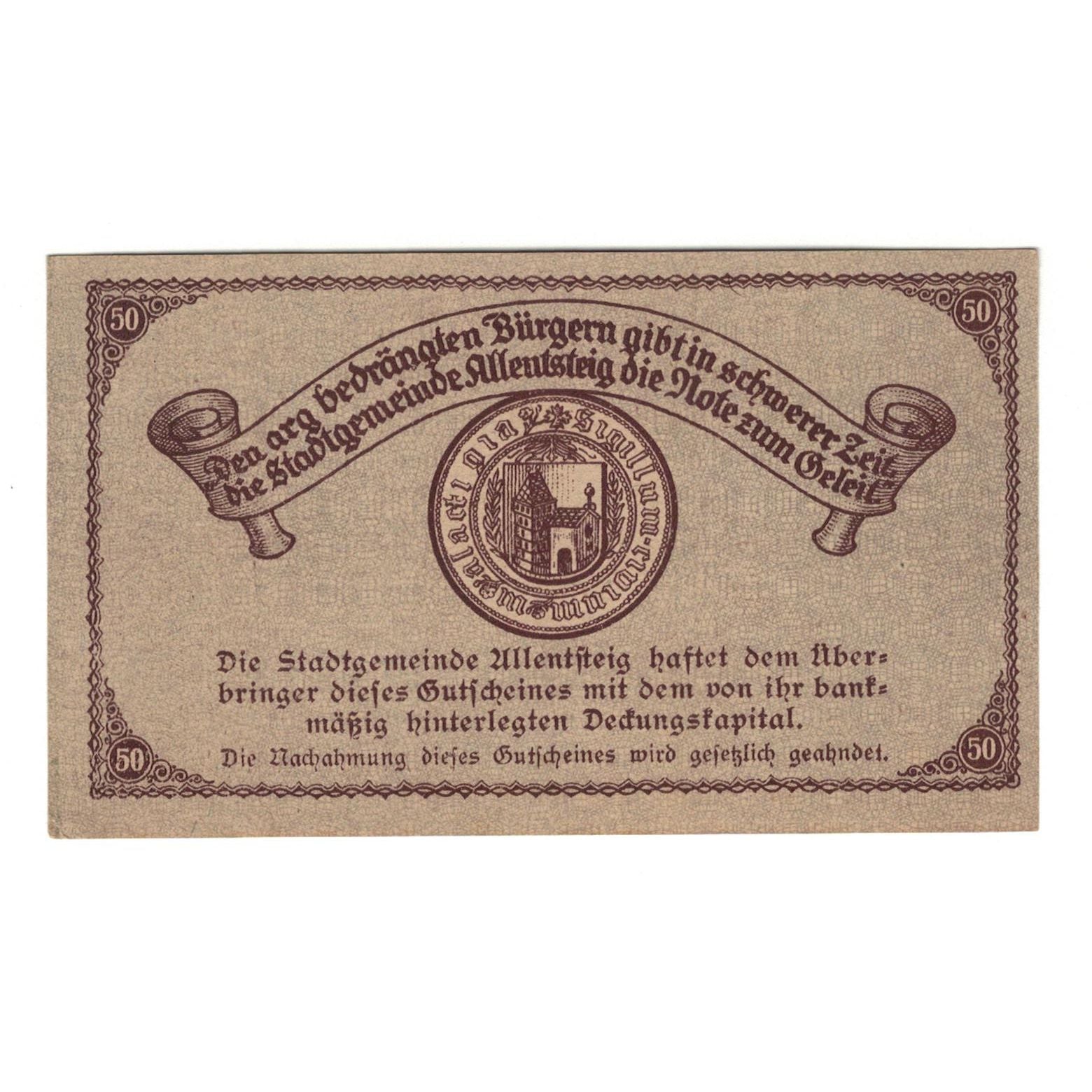 Geldschein, Österreich, Allentsteig N.Ö. Stadtgemeinde, 50 Heller, Texte 4