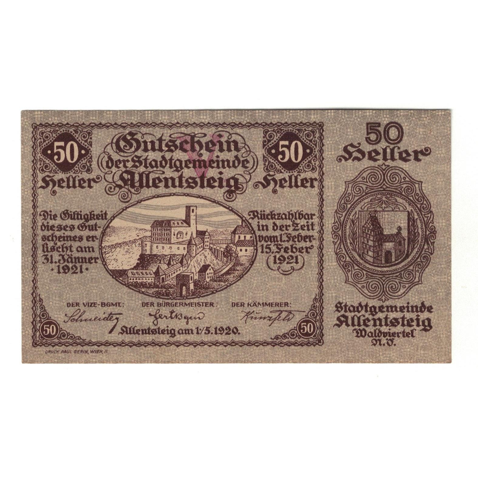 Geldschein, Österreich, Allentsteig N.Ö. Stadtgemeinde, 50 Heller, Texte  5