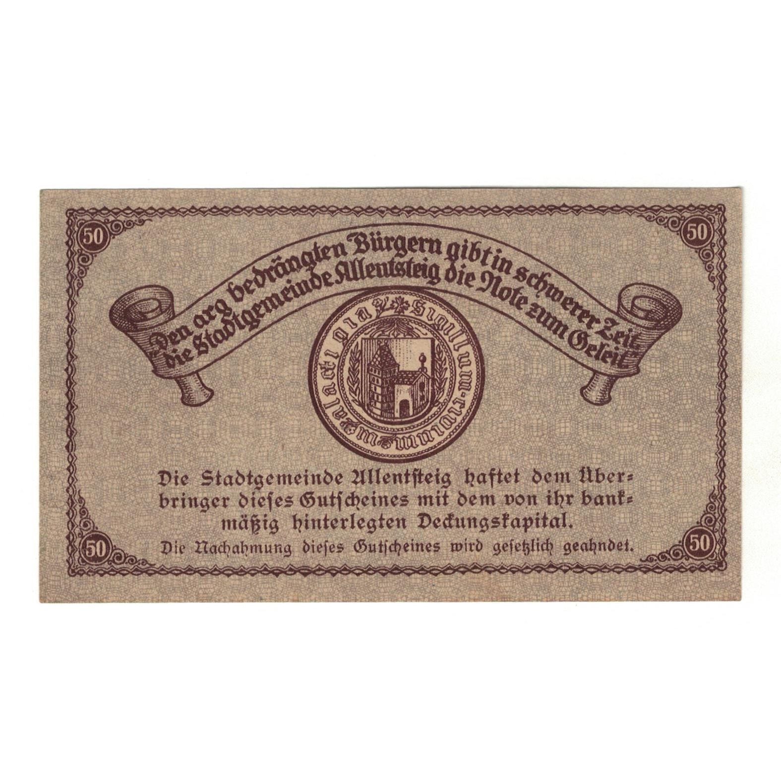 Geldschein, Österreich, Allentsteig N.Ö. Stadtgemeinde, 50 Heller, Texte  5