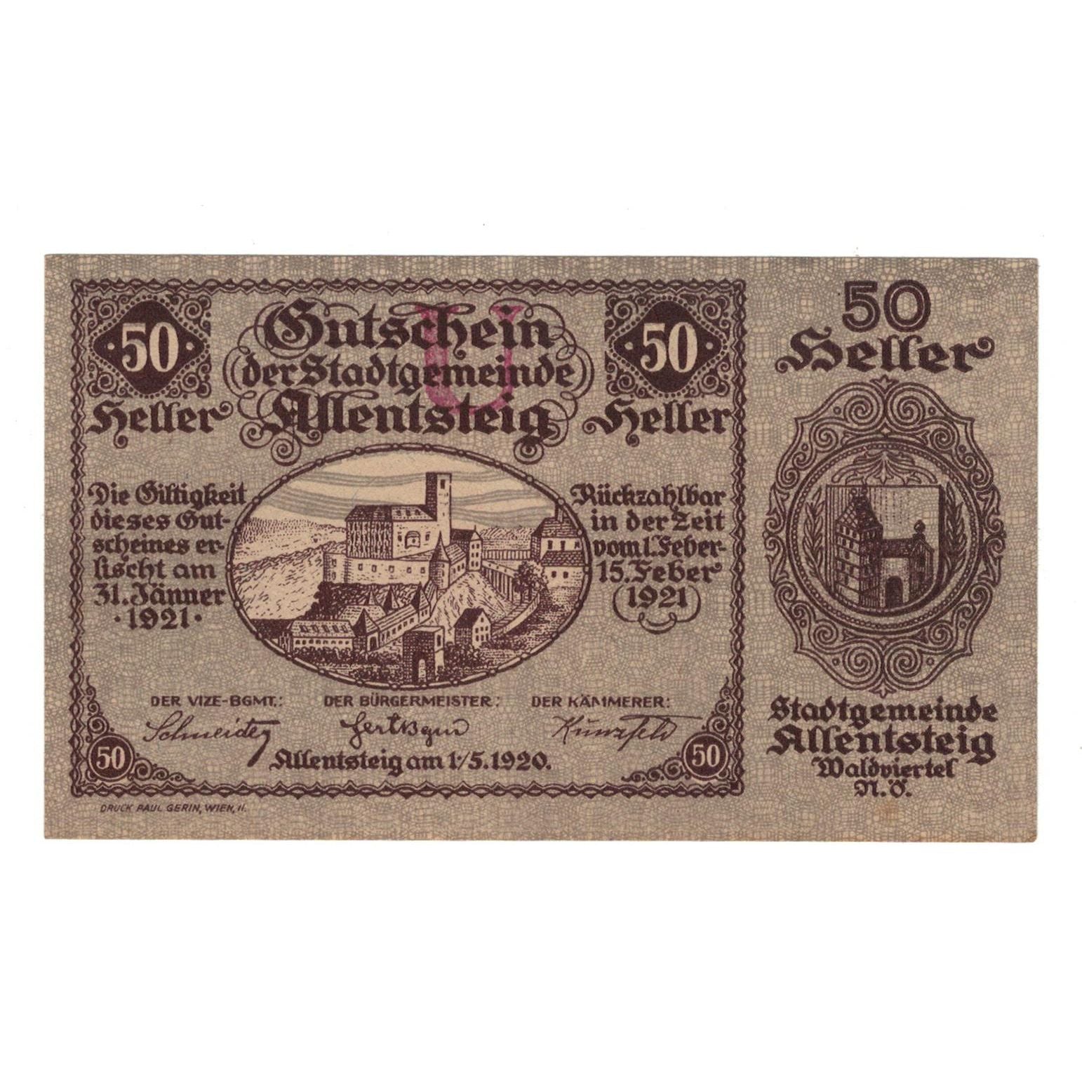 Geldschein, Österreich, Allentsteig N.Ö. Stadtgemeinde, 50 Heller, Texte 6
