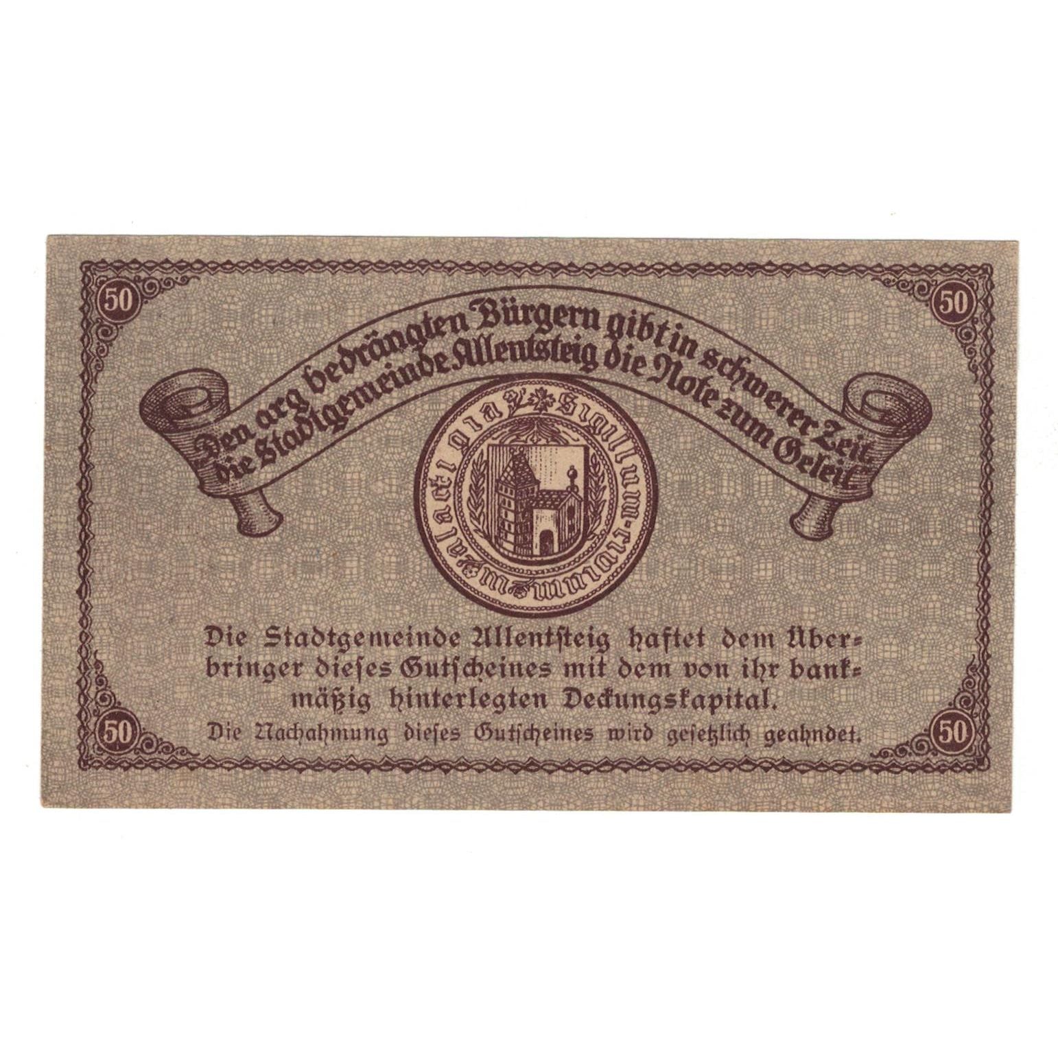 Geldschein, Österreich, Allentsteig N.Ö. Stadtgemeinde, 50 Heller, Texte 6