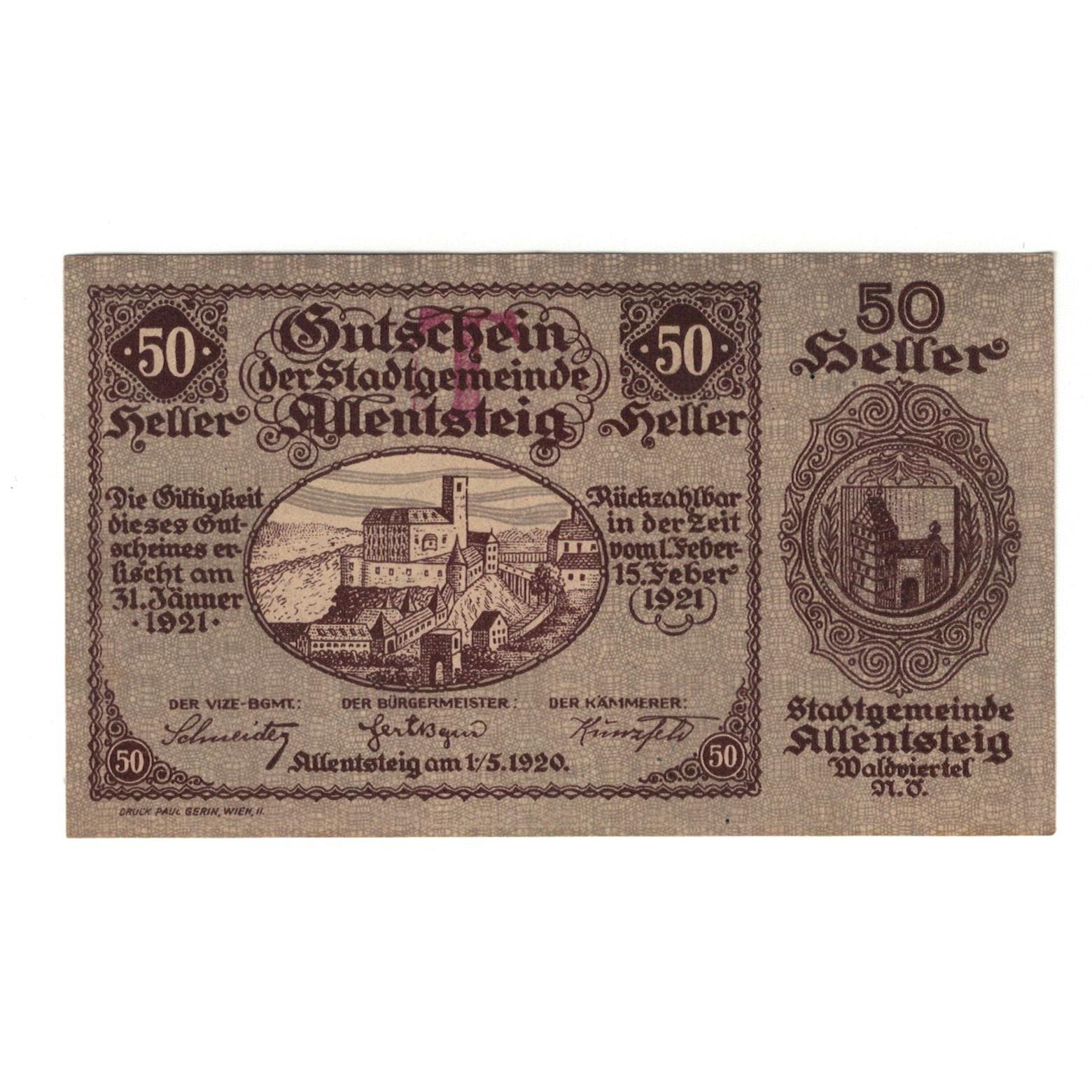 Geldschein, Österreich, Allentsteig N.Ö. Stadtgemeinde, 50 Heller, Texte 7