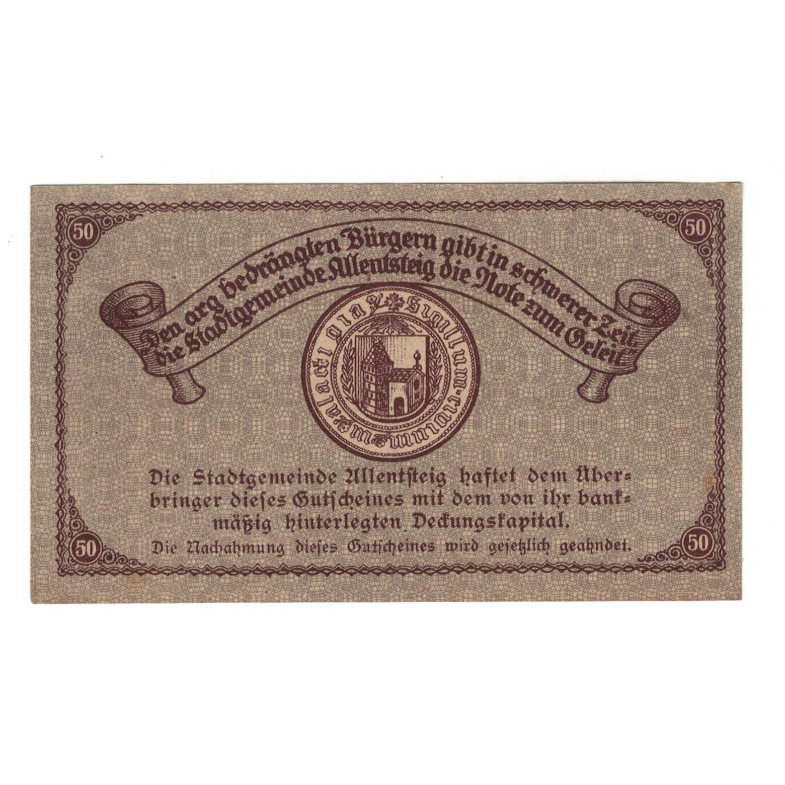 Geldschein, Österreich, Allentsteig N.Ö. Stadtgemeinde, 50 Heller, Texte 7