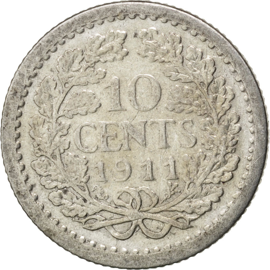 NETHERLANDS, 10 Cents, 1911, KM #145, EF(40-45), Silver, 15, 1.37