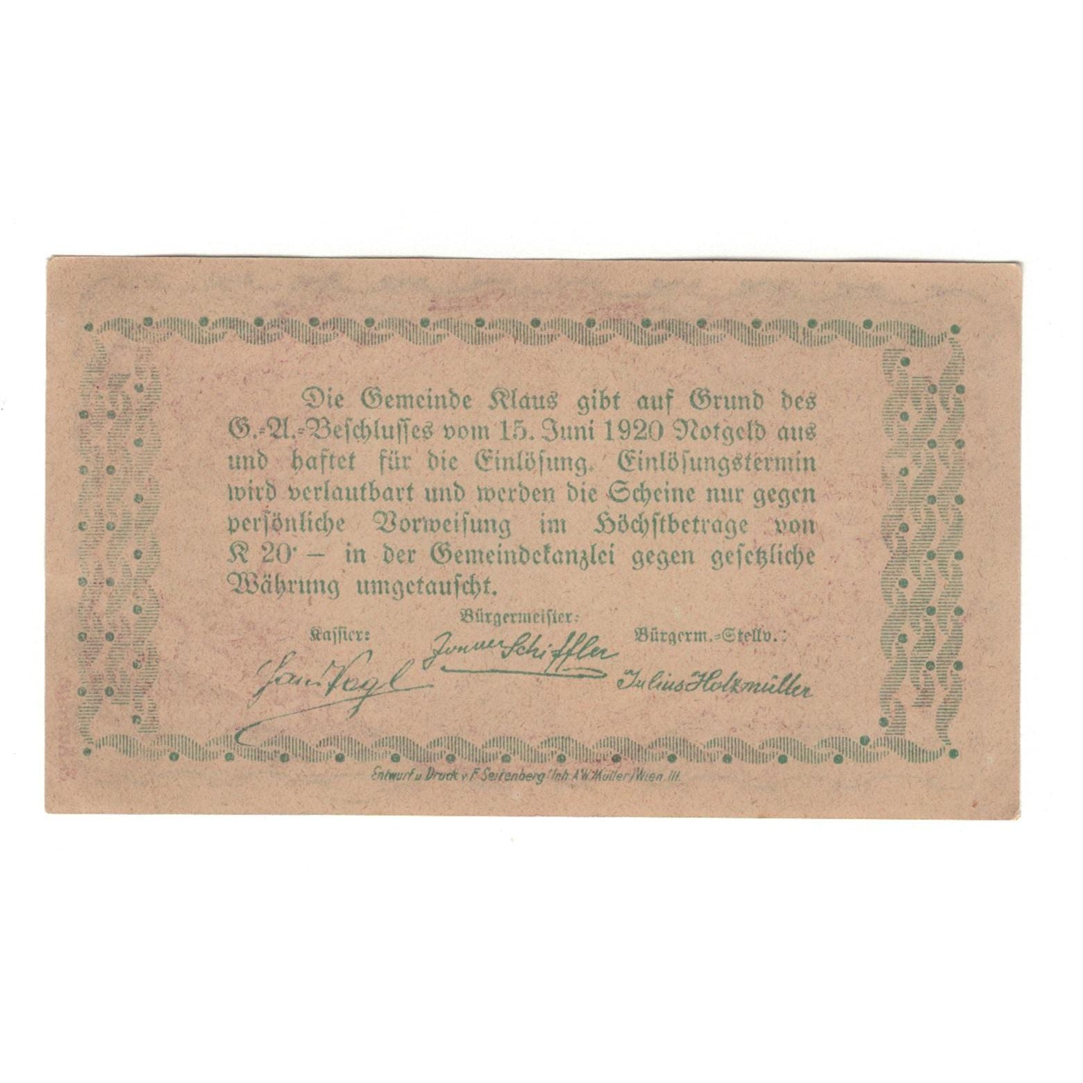 Banknote, Austria, Klaus O.Ö. Gemeinde, 60 Heller, Texte, 1920, 1920-06-15