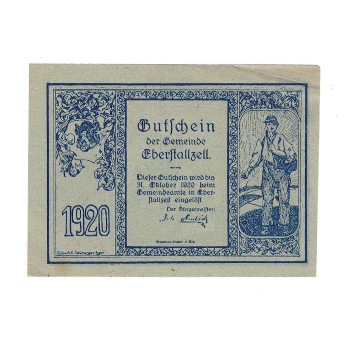 Geldschein, Österreich, Eberstallzell O.Ö. Gemeinde, 20 Heller, paysage, 1920
