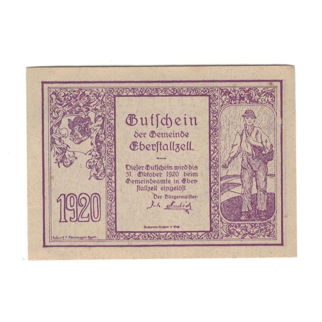Geldschein, Österreich, Eberstallzell O.Ö. Gemeinde, 50 Heller, paysage, 1920