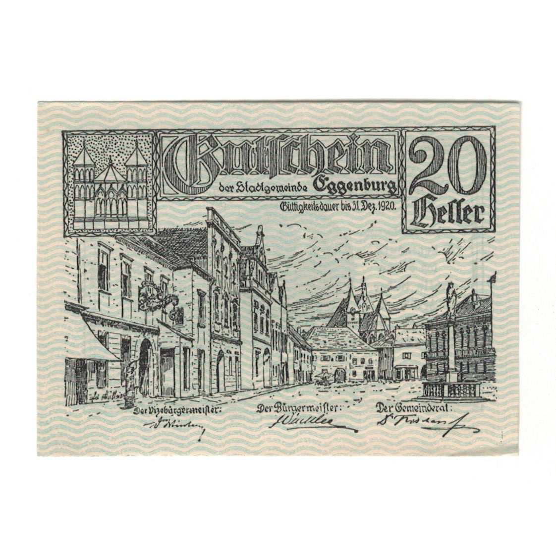 Geldschein, Österreich, Eggenburg N.Ö. Stadtgemeinde, 20 Heller, paysage