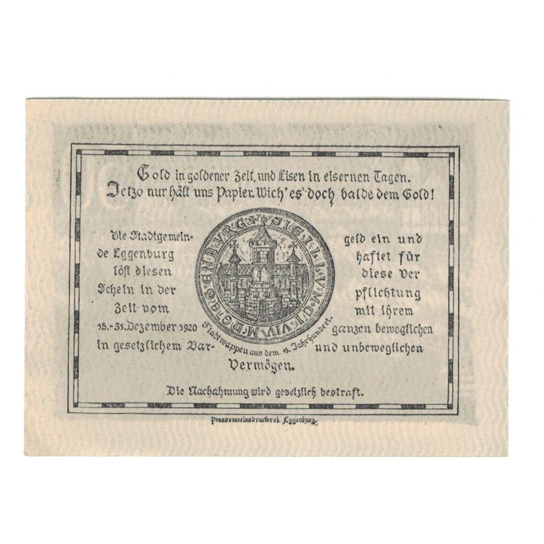 Geldschein, Österreich, Eggenburg N.Ö. Stadtgemeinde, 50 Heller, paysage