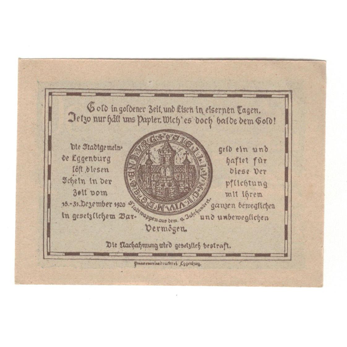 Geldschein, Österreich, Eggenburg N.Ö. Stadtgemeinde, 50 Heller, paysage 1