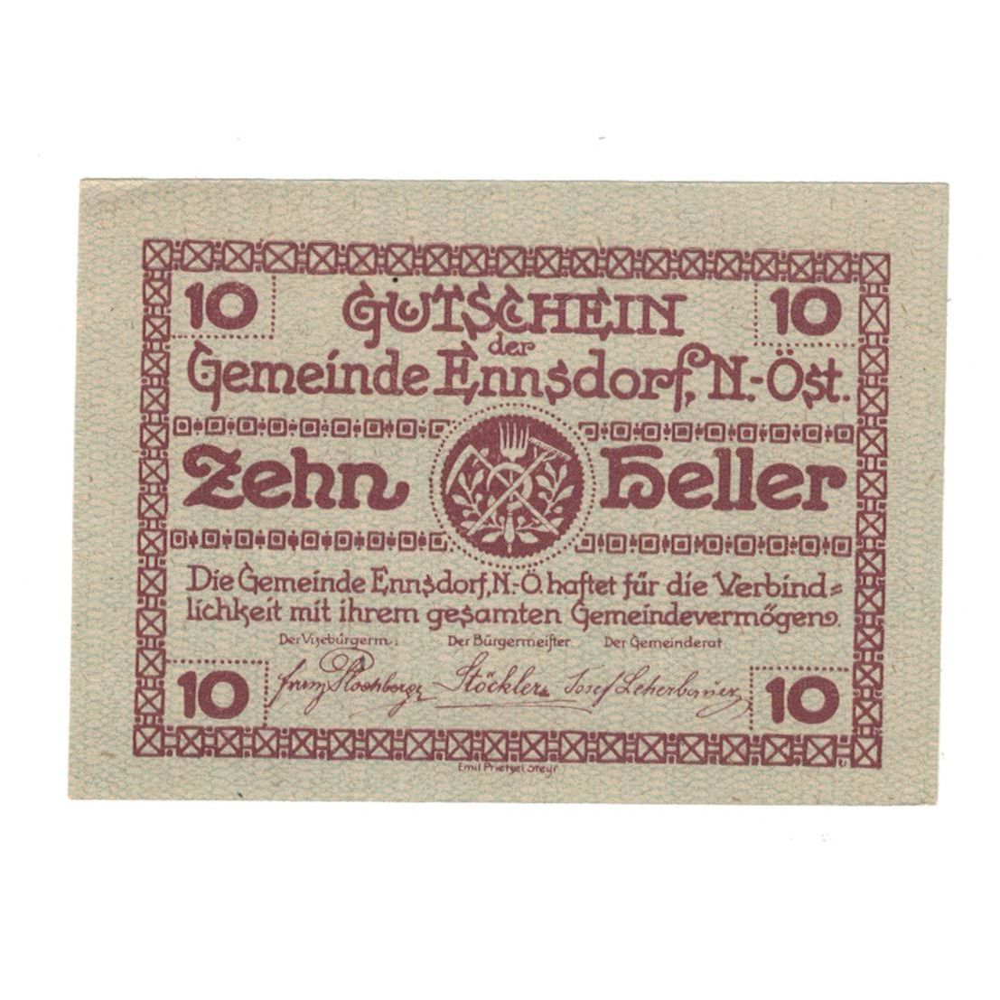 Geldschein, Österreich, Ennsdorf N.Ö. Gemeinde, 10 Heller, village, 1920
