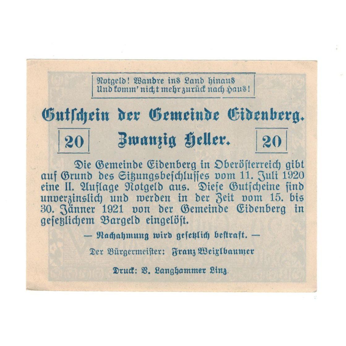 Geldschein, Österreich, Eidenberg O.Ö. Gemeinde, 20 Heller, Texte, 1920