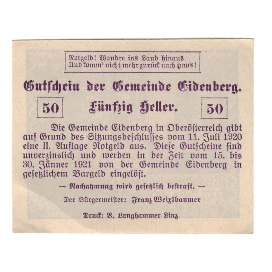 Geldschein, Österreich, Eidenberg O.Ö. Gemeinde, 50 Heller, Texte, 1920