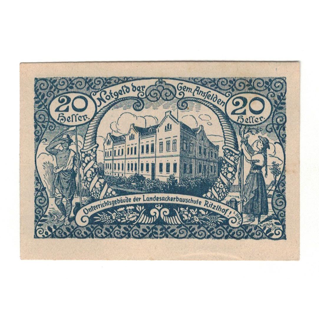 Geldschein, Österreich, Ansfelden O.Ö. Ortsgemeinde, 20 Heller, Texte, 1920
