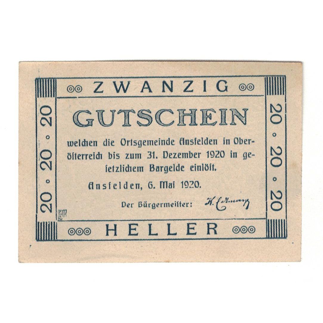 Geldschein, Österreich, Ansfelden O.Ö. Ortsgemeinde, 20 Heller, Texte, 1920