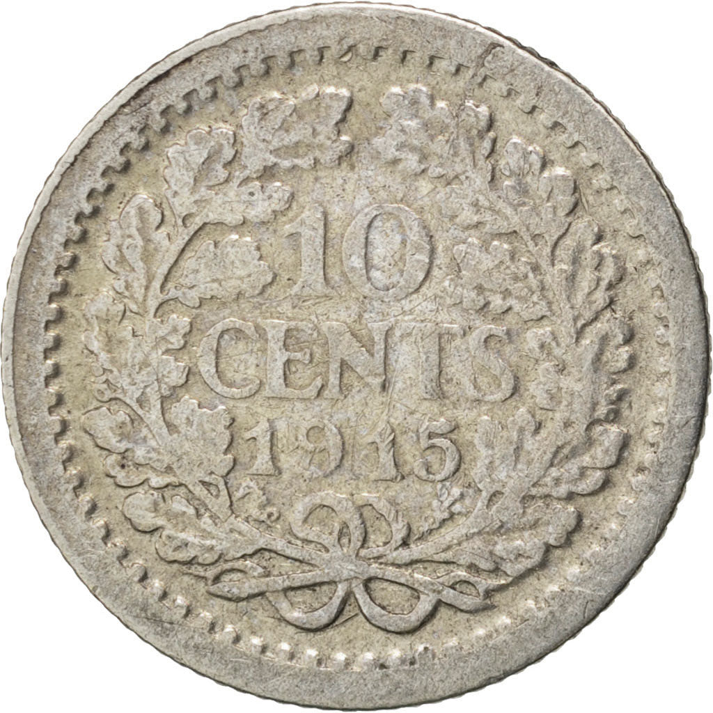 NETHERLANDS, 10 Cents, 1915, KM #145, EF(40-45), Silver, 15, 1.38