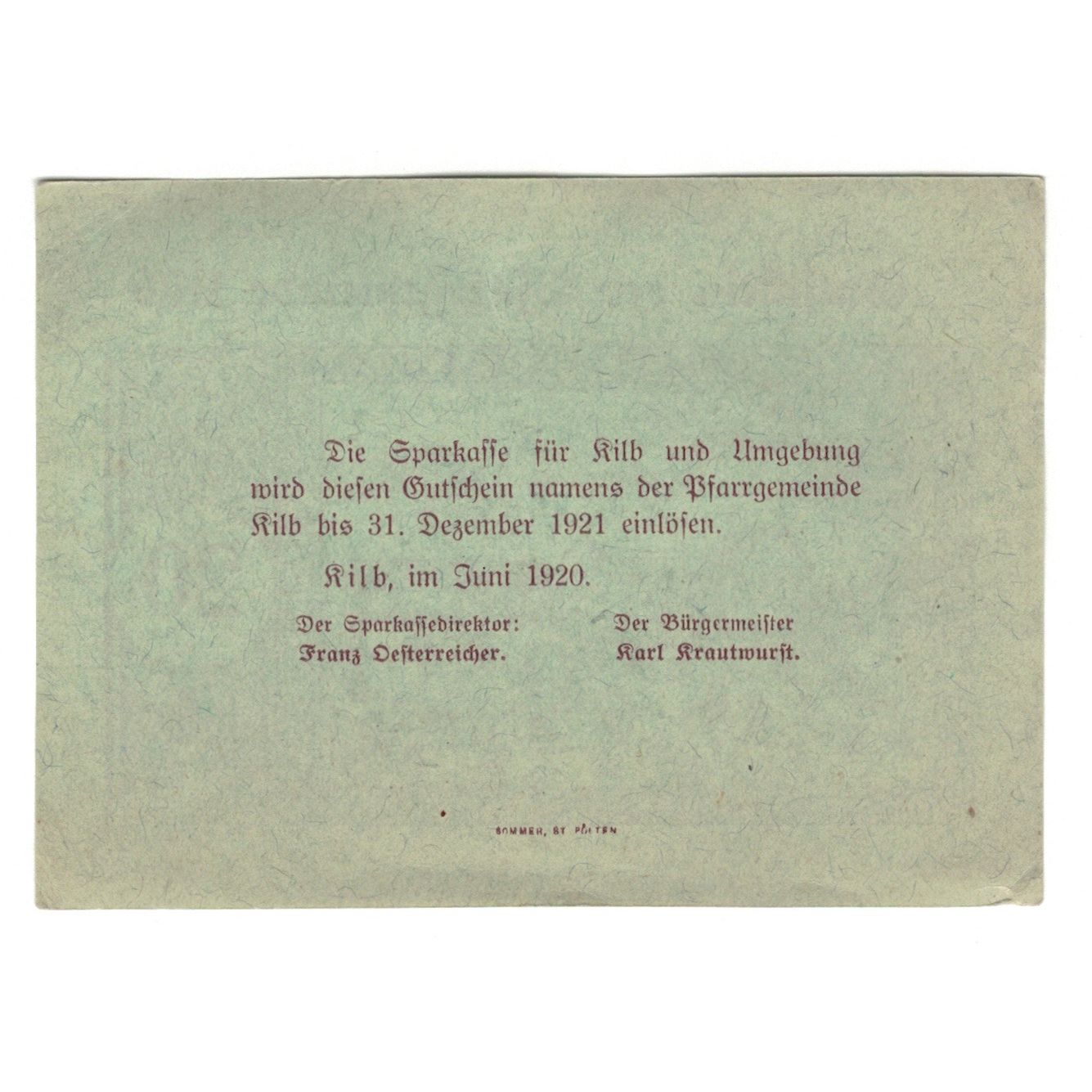 Geldschein, Österreich, Kilb N.Ö. Prv. Pfarrgemeinde, 20 Heller, Texte, 1920
