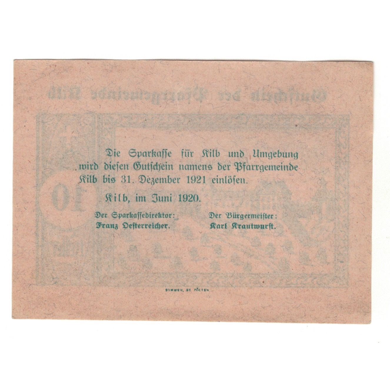 Geldschein, Österreich, Kilb N.Ö. Prv. Pfarrgemeinde, 10 Heller, Texte, 1920