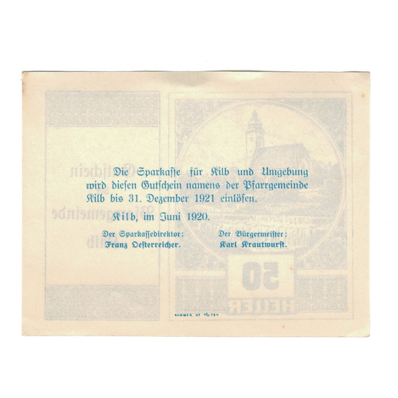Geldschein, Österreich, Kilb N.Ö. Prv. Pfarrgemeinde, 50 Heller, Texte, 1920