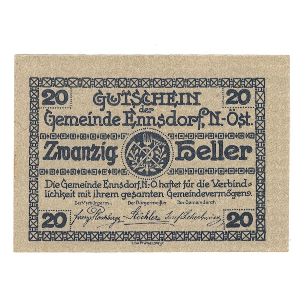 Geldschein, Österreich, Ennsdorf N.Ö. Gemeinde, 20 Heller, village, 1920