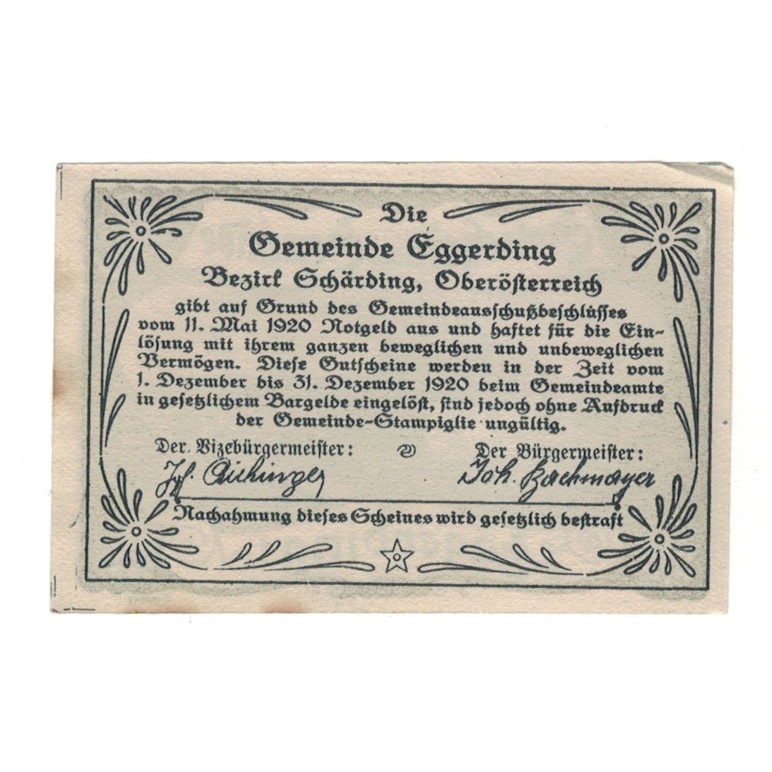 Geldschein, Österreich, Eggerding O.Ö. Gemeinde, 30 Heller, Texte, 1920