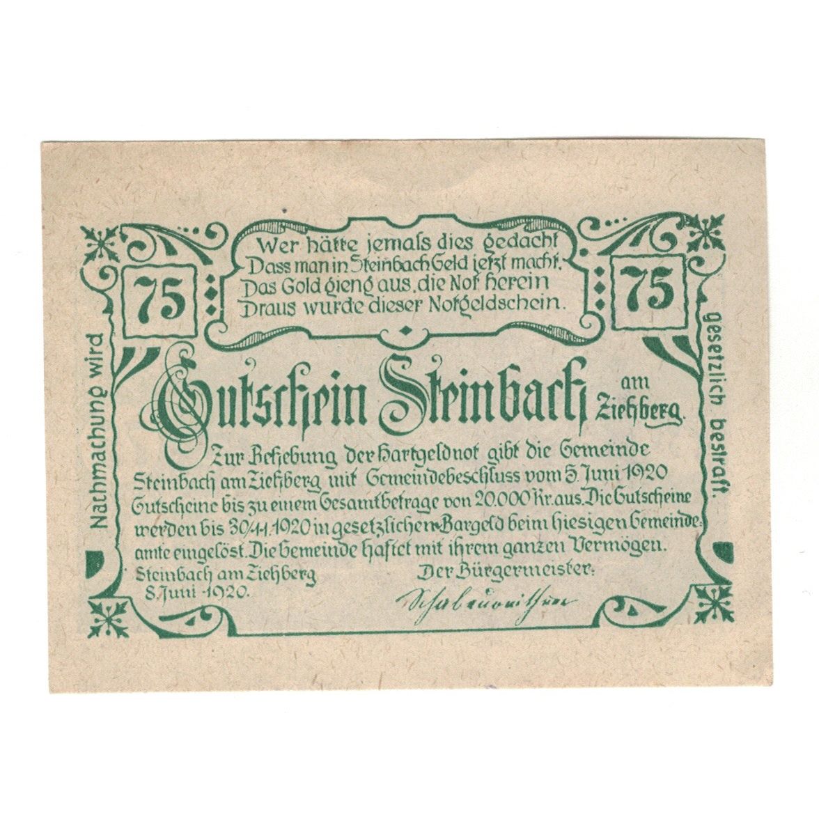 Banknote, Austria, Steinbach am Ziehberg O.Ö. Gemeinde, 75 Heller, paysage