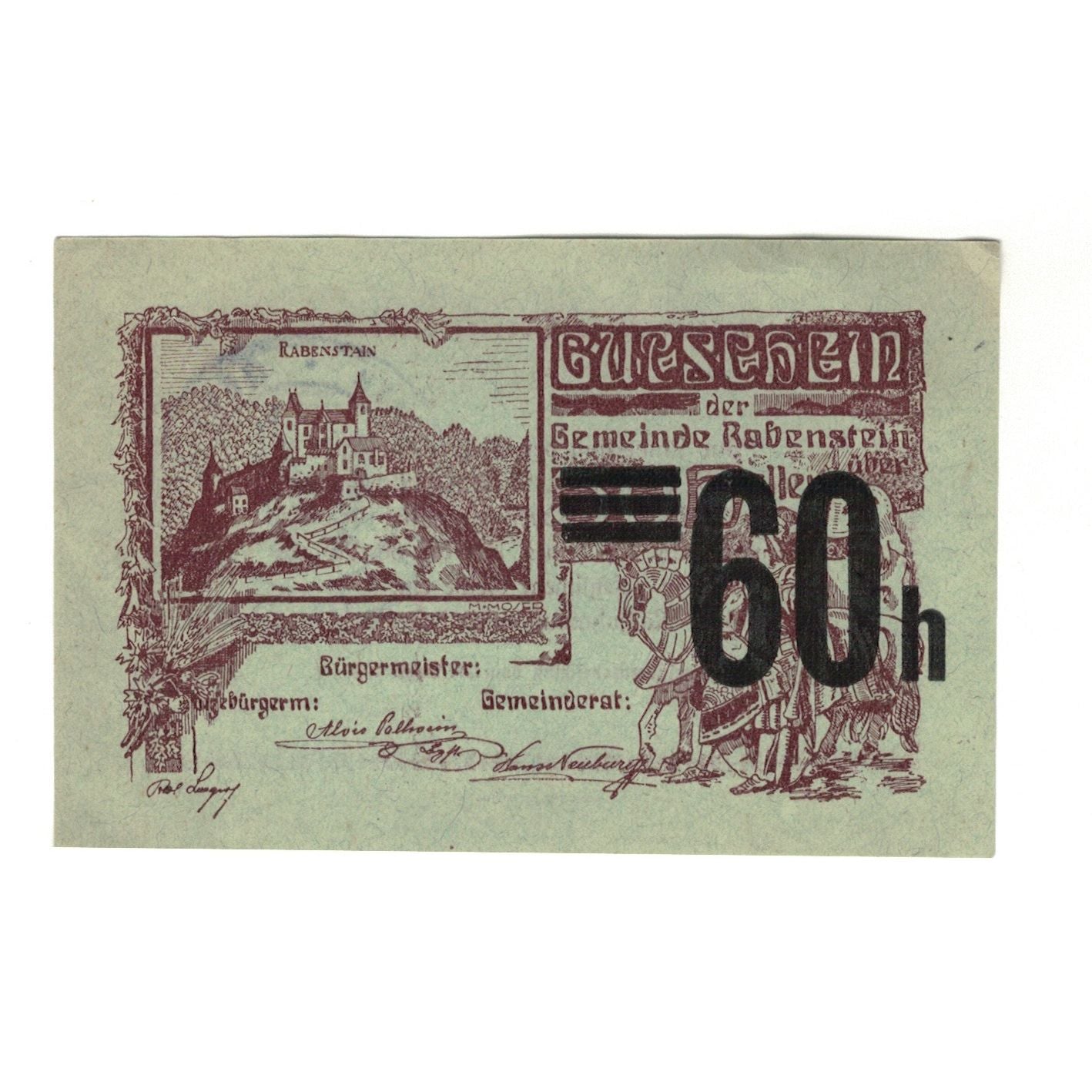 Banknote, Austria, Rabenstein N.Ö. Gemeinde, 60 Heller, Texte, 1920