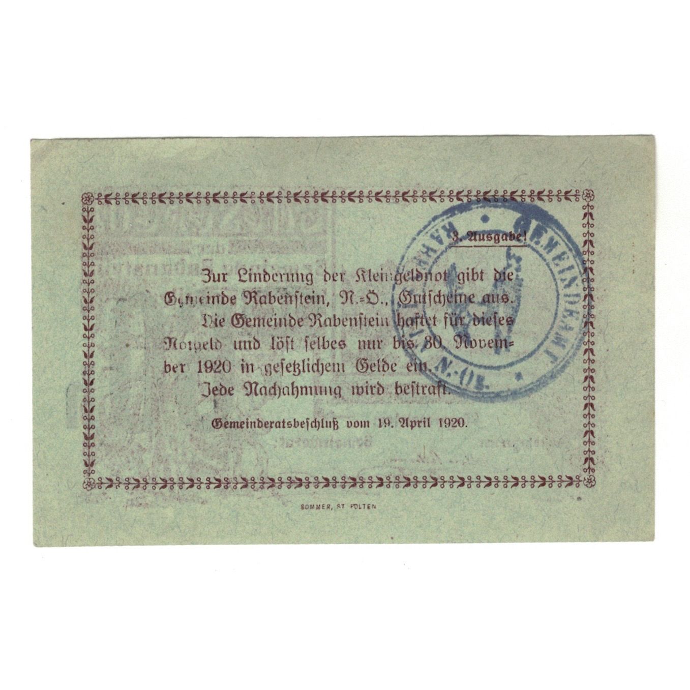 Banknote, Austria, Rabenstein N.Ö. Gemeinde, 60 Heller, Texte, 1920