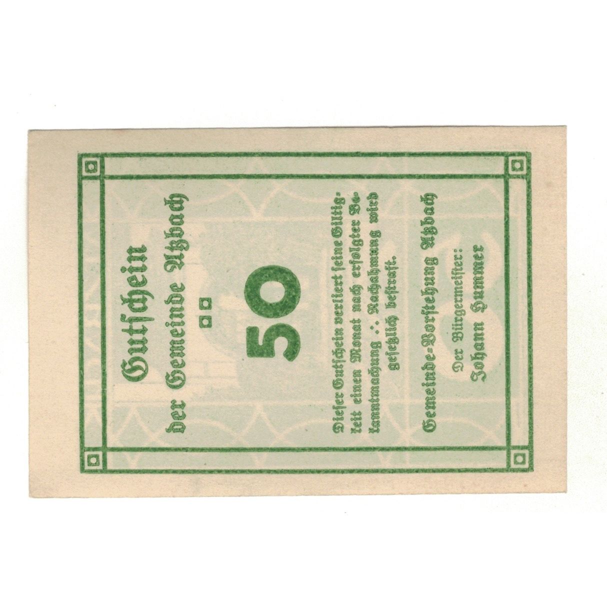Geldschein, Österreich, Atzbach O.Ö. Gemeinde, 50 Heller, valeur faciale, VZ