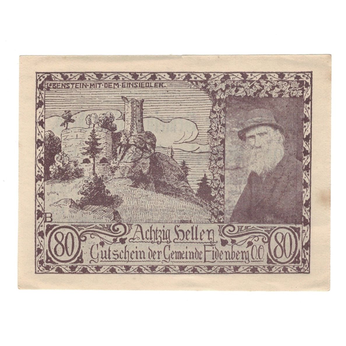 Geldschein, Österreich, Eidenberg O.Ö. Gemeinde, 80 Heller, Texte, 1920