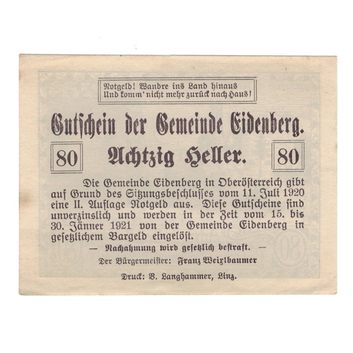 Geldschein, Österreich, Eidenberg O.Ö. Gemeinde, 80 Heller, Texte, 1920