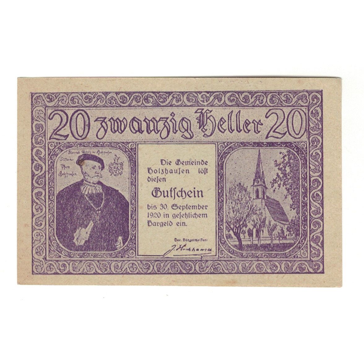 Geldschein, Österreich, Holzhausen O.Ö. Gemeinde, 20 Heller, village, 1920