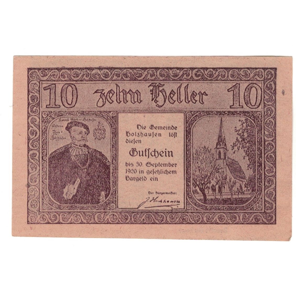 Billete, Austria, Holzhausen O.Ö. Gemeinde, 10 Heller, village, 1920