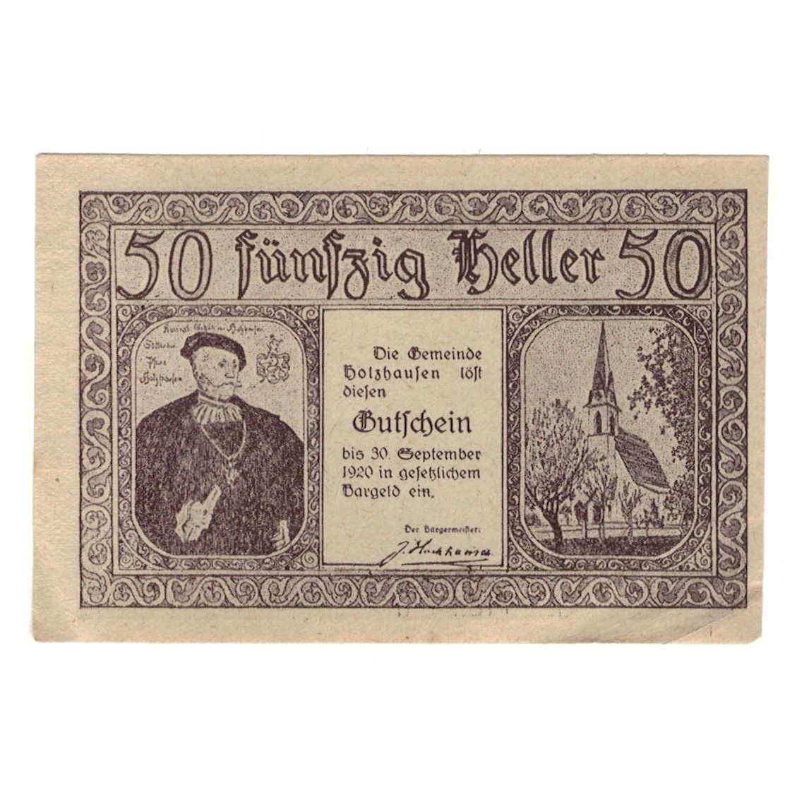 Geldschein, Österreich, Holzhausen O.Ö. Gemeinde, 50 Heller, village, 1920