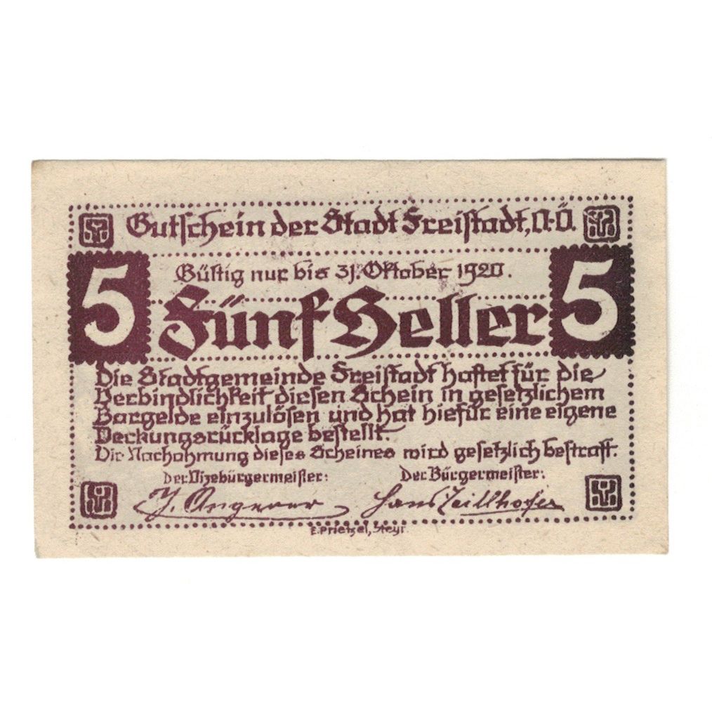 Geldschein, Österreich, Freistadt O.Ö. Stadtgemeinde, 5 Heller, château