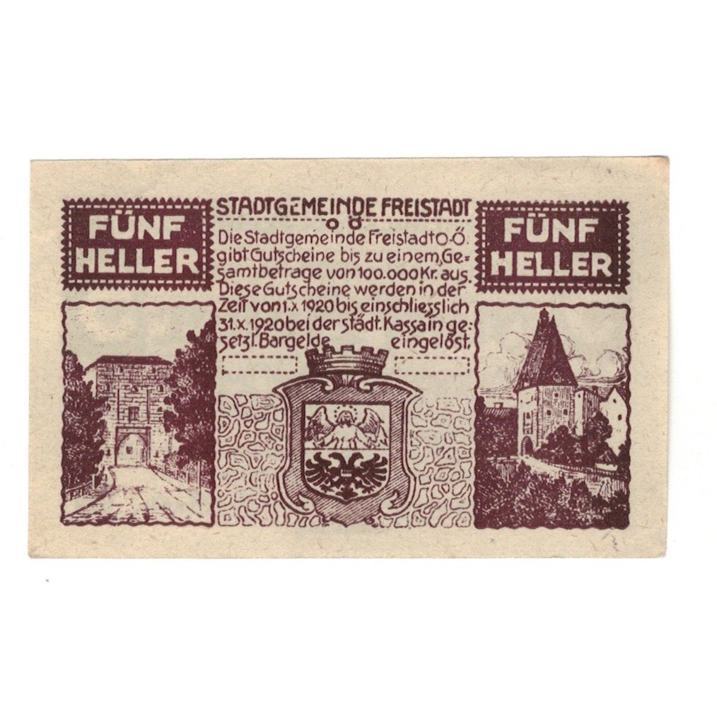 Geldschein, Österreich, Freistadt O.Ö. Stadtgemeinde, 5 Heller, château