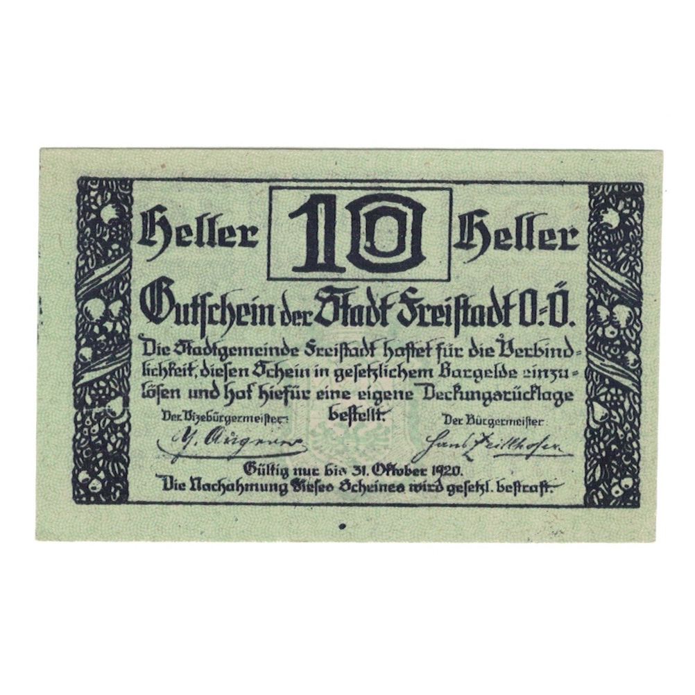 Geldschein, Österreich, Freistadt O.Ö. Stadtgemeinde, 10 Heller, château