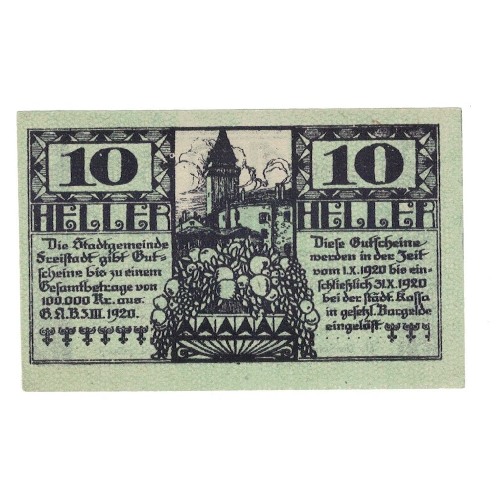 Geldschein, Österreich, Freistadt O.Ö. Stadtgemeinde, 10 Heller, château
