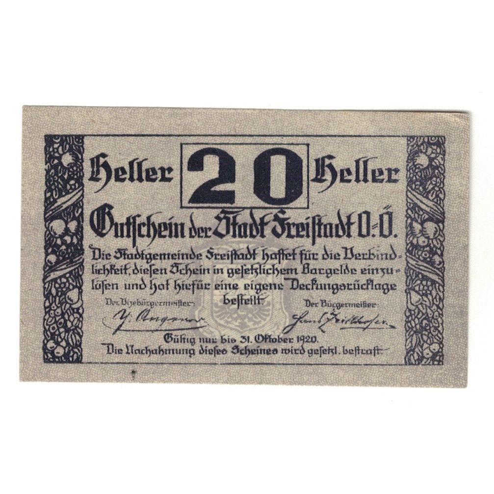 Geldschein, Österreich, Freistadt O.Ö. Stadtgemeinde, 20 Heller, château